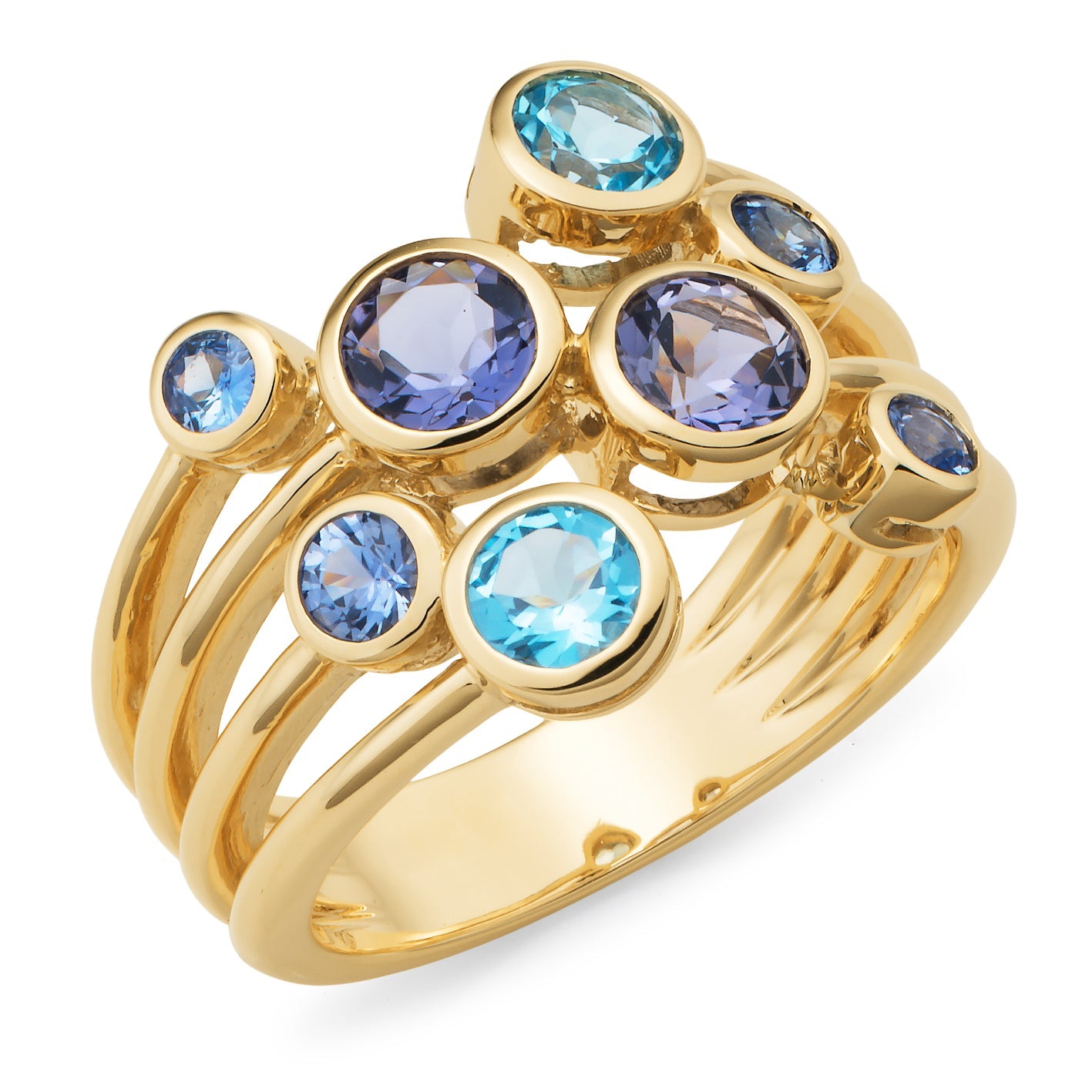 Iolite, Ceylon Sapphire & Blue Topaz Ring in 9ct Yellow Gold